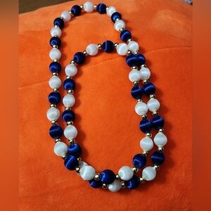 Vintage Silk Navy Blue & White Long Necklace